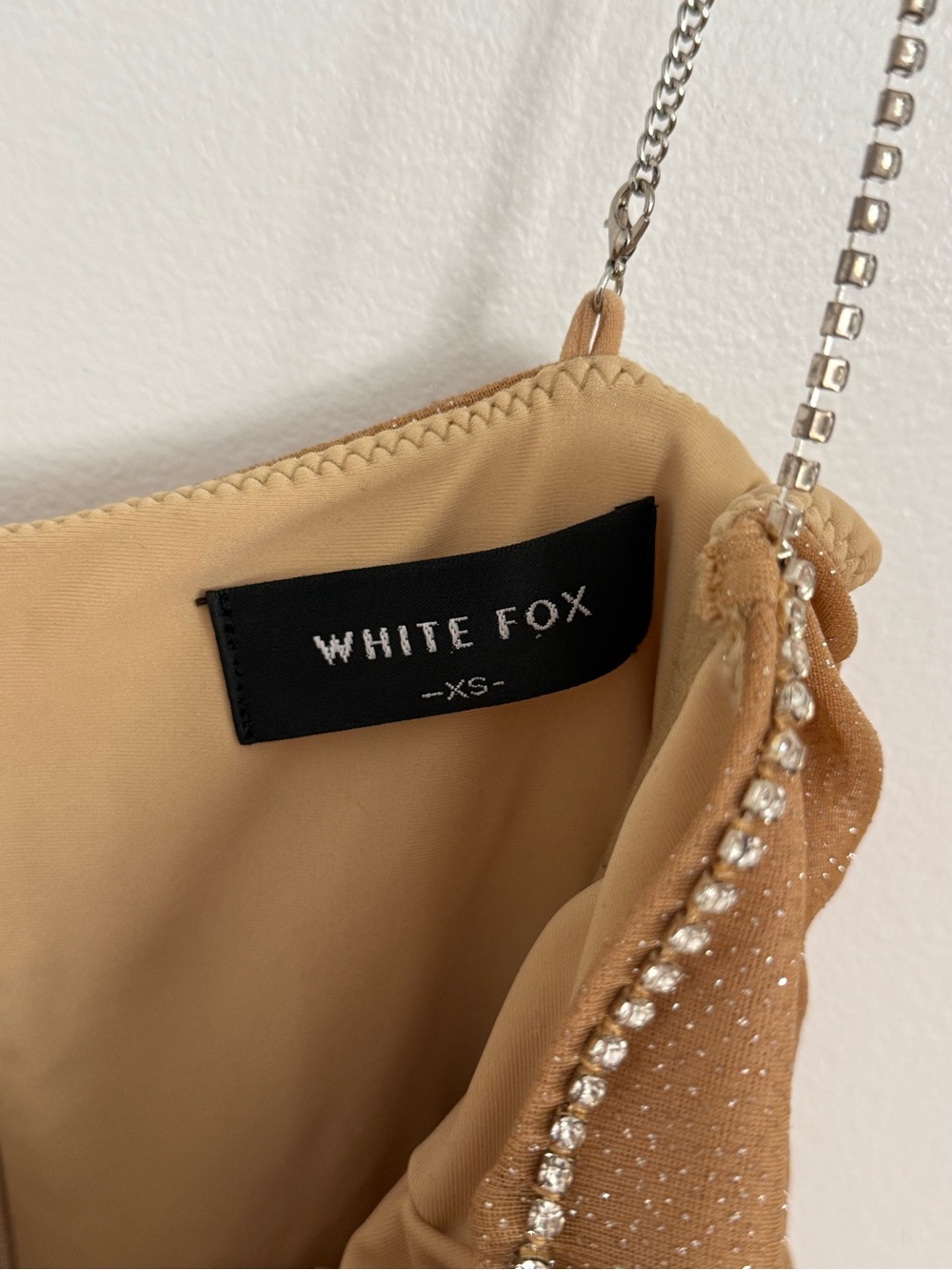 White Fox Embellished Mini Dress with Chain rhinestone Straps